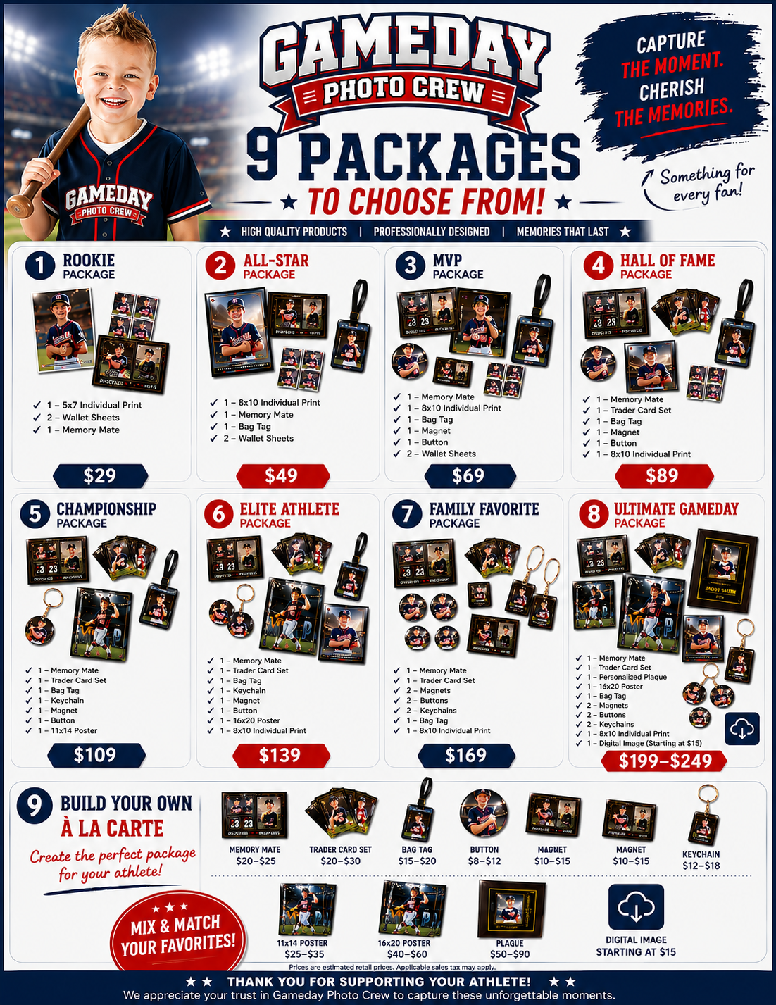 Gameday Photo Crew package flyer showing all nine package options and a la carte products.